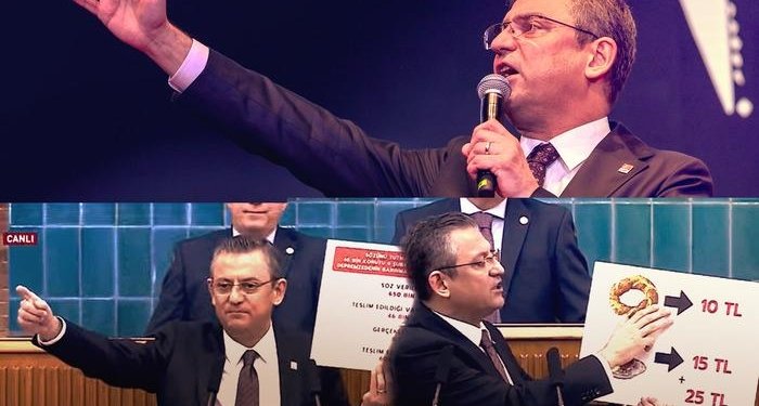 Kürsüye elindeki tablolarla geldi, çay ve hesabı dikkat çekti! CHP lideri Özgür Özel