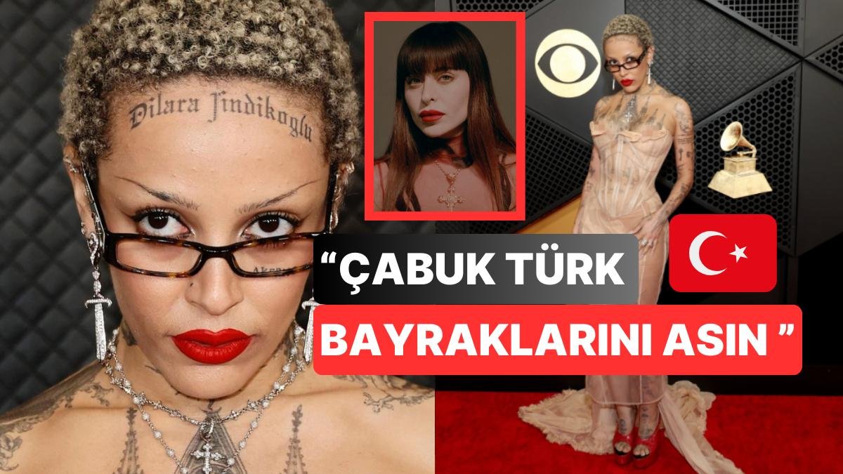 Doja Cat Grammy’de Giydiği Türk Tasarımcı Dilara Fındıkoğlu’na Ait Elbisesini İsmini Alnına Yazarak Taşıdı