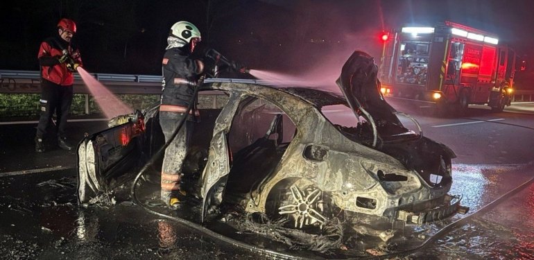 Kaza yapan otomobil alev alev yandı