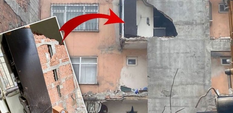 Riskli bina yıkılırken komşunun mutfak duvarı da yıkıldı
